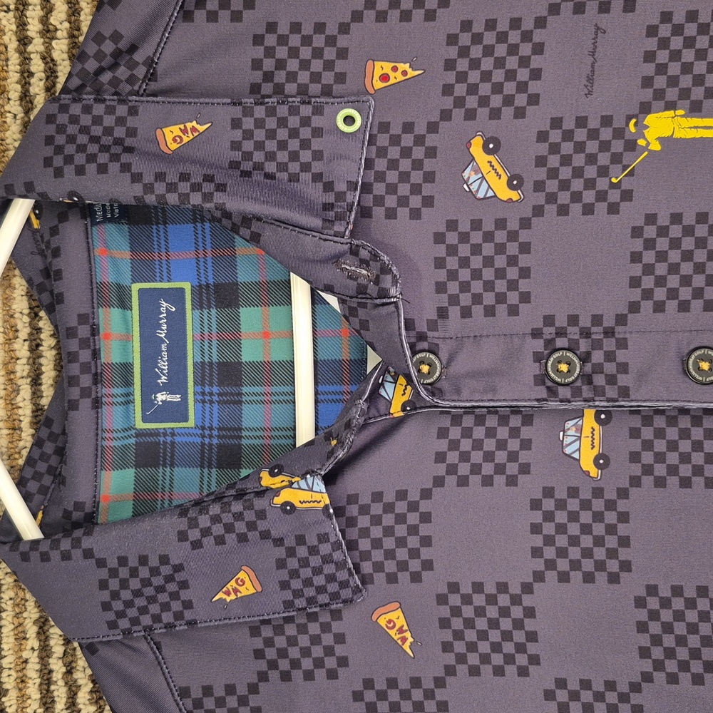WILLIAM MURRAY Grey Black Gold Pizza Taxis‎ NY Medium Mens Golf Polo Shirt